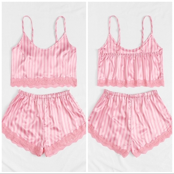 New Pink Striped Satin Silk-Like Lace Pajama Set​ - Picture 2 of 4